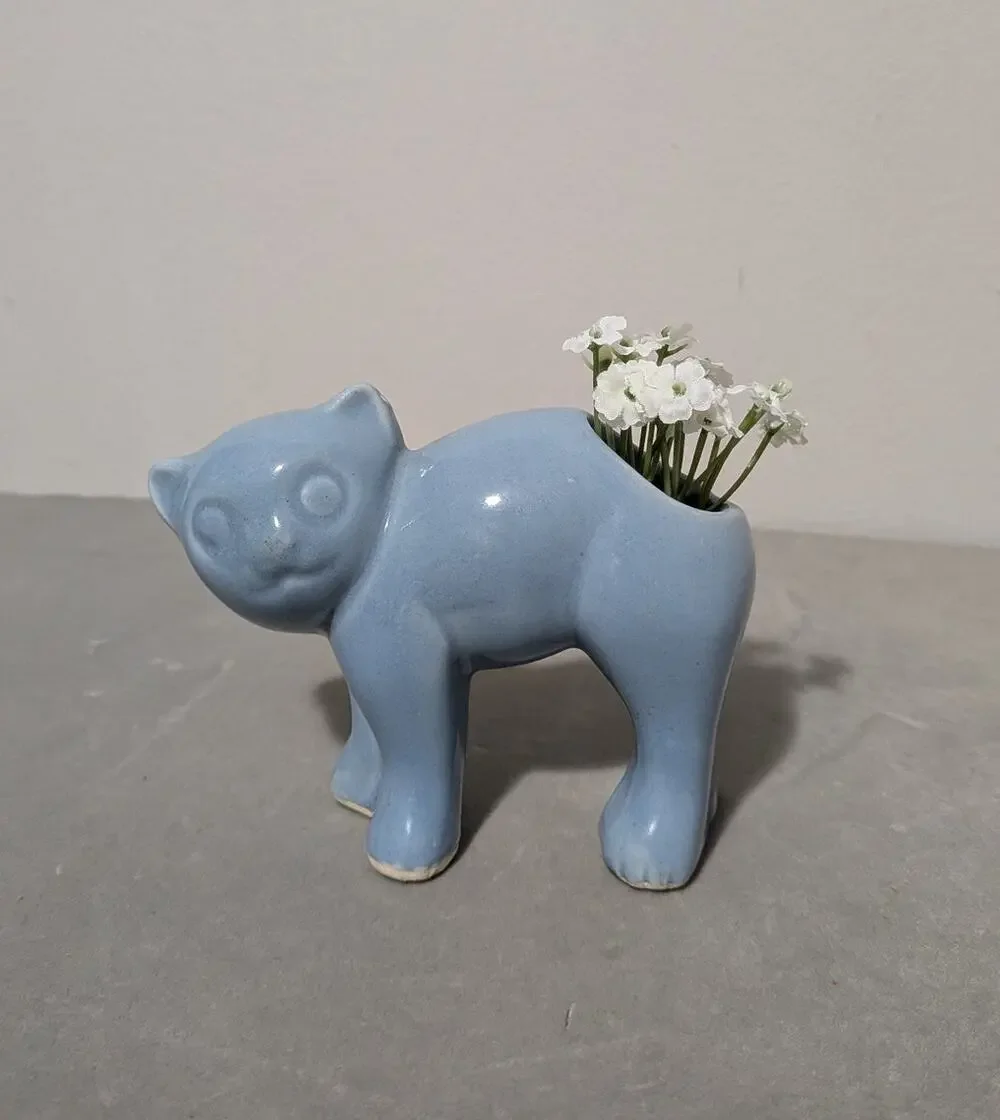 Vintage McCoy Morton Ceramic Blue Cat Planter Vase Arched MCM Kitten 1950s